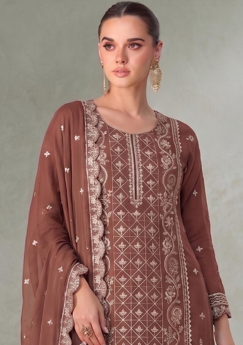 Peach Embroidery Chiffon Salwar Kameez - Indya