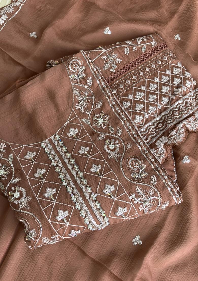 Peach Embroidery Chiffon Salwar Kameez - Indya