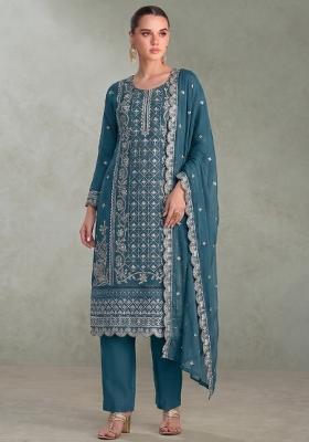 Sky Blue Embroidery Chiffon Salwar Kameez