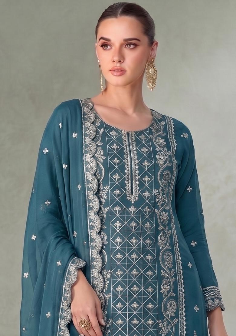 Sky Blue Embroidery Chiffon Salwar Kameez - Indya