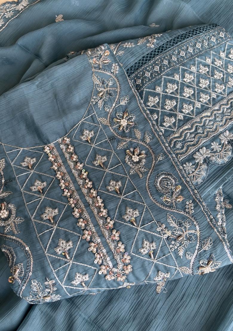 Sky Blue Embroidery Chiffon Salwar Kameez - Indya