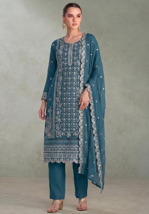 Sky Blue Embroidery Chiffon Salwar Kameez