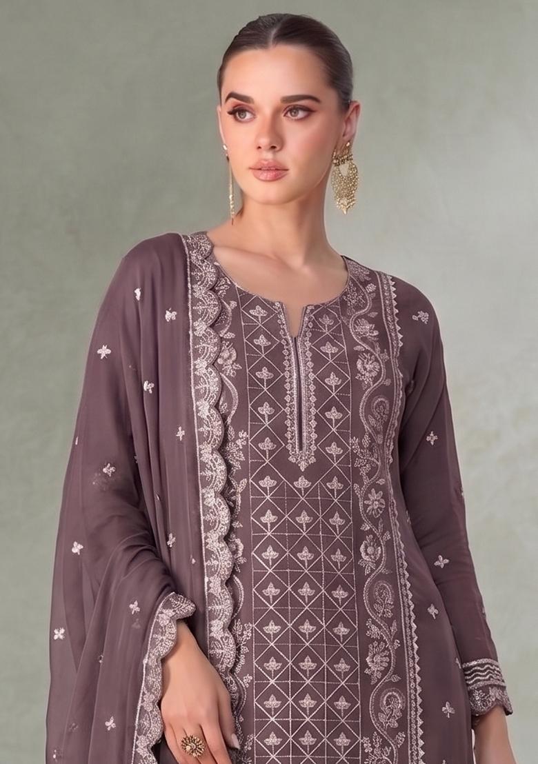 Lilac Embroidery Chiffon Salwar Kameez - Indya
