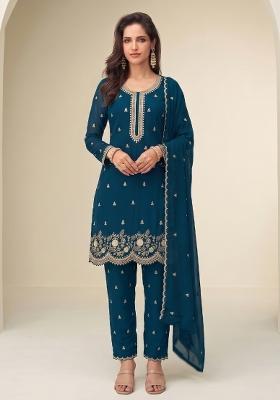 Teal Blue Embroidery Georgette Salwar Kameez