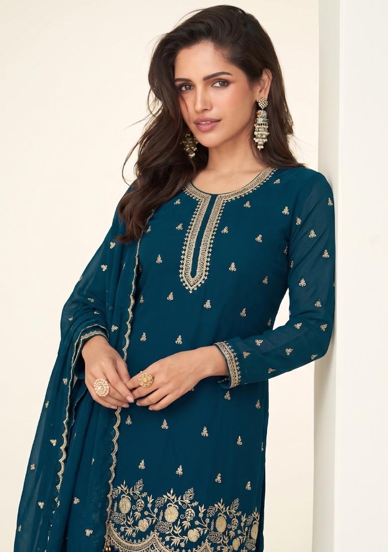 Teal Blue Embroidery Georgette Salwar Kameez - Indya