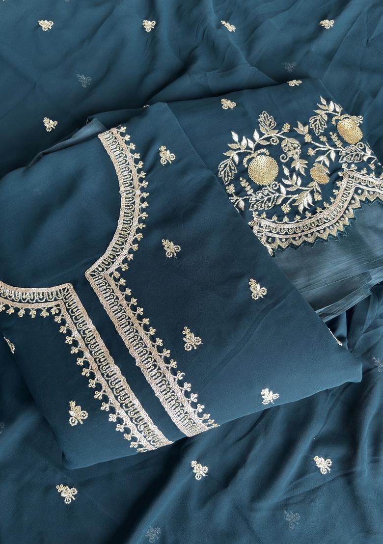 Teal Blue Embroidery Georgette Salwar Kameez - Indya