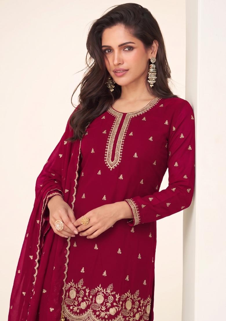 Dark Pink Embroidery Georgette Salwar Kameez - Indya