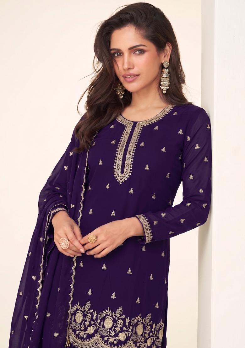 Purple Embroidery Georgette Salwar Kameez - Indya
