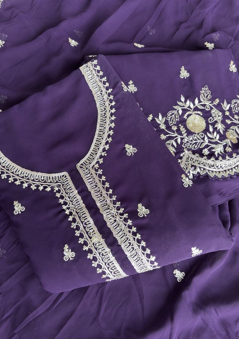 Purple Embroidery Georgette Salwar Kameez - Indya