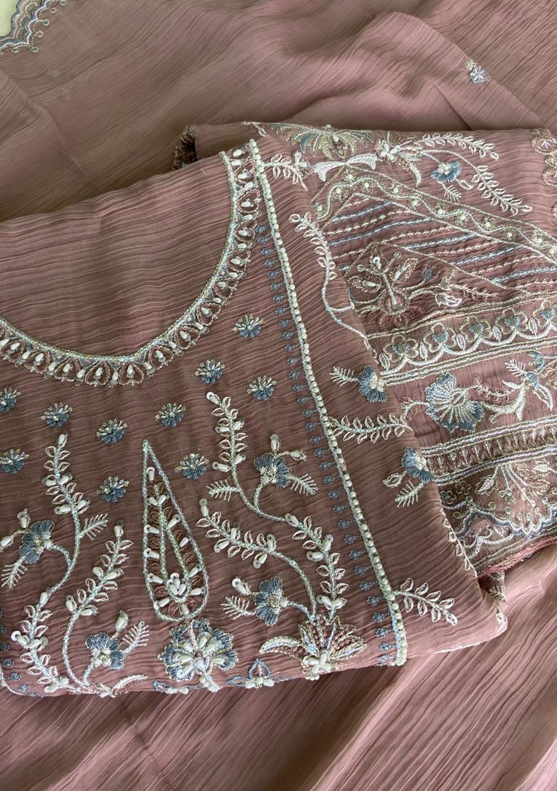 Peach Embroidery Chiffon Salwar Kameez - Indya