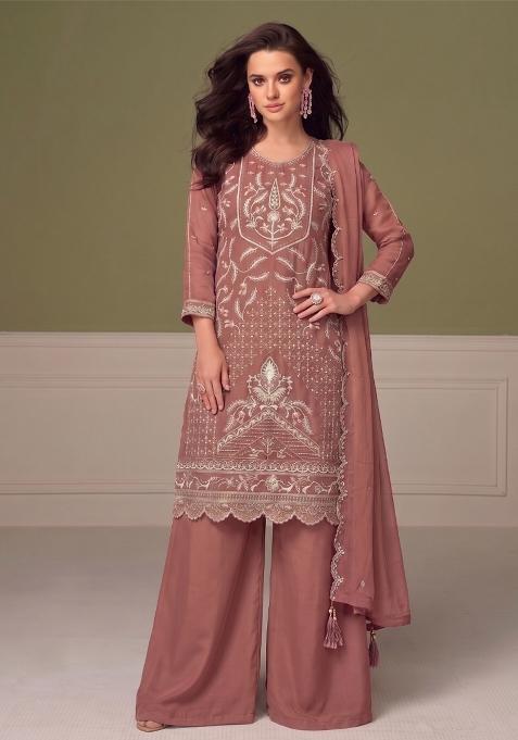 Peach Embroidery Chiffon Salwar Kameez