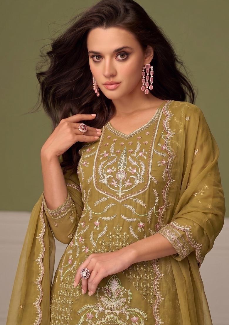 Mustard Embroidery Chiffon Salwar Kameez - Indya