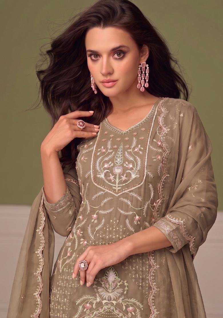 Beige Embroidery Chiffon Salwar Kameez - Indya