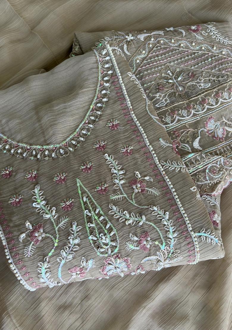 Beige Embroidery Chiffon Salwar Kameez - Indya