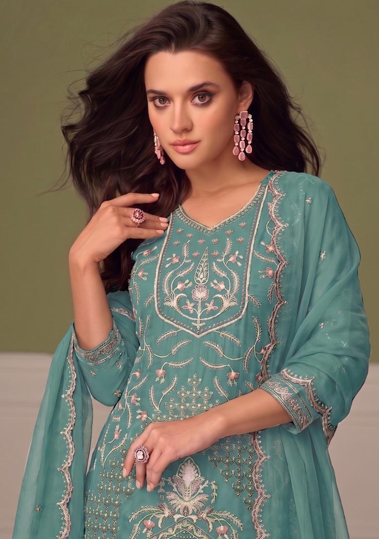 Sky Blue Embroidery Chiffon Salwar Kameez - Indya