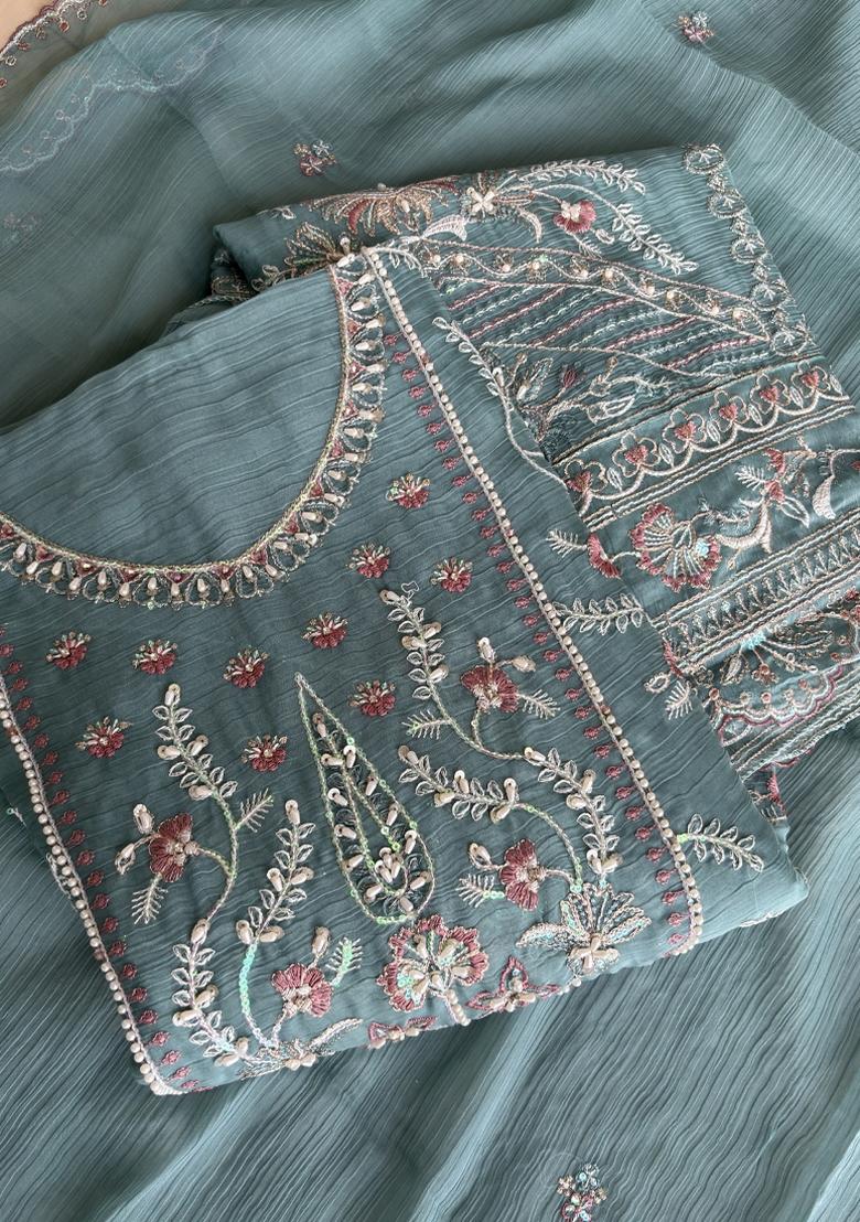 Sky Blue Embroidery Chiffon Salwar Kameez - Indya