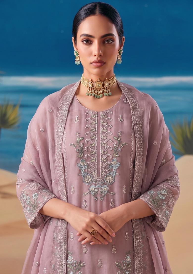 Pink Embroidery Silk Salwar Kameez - Indya