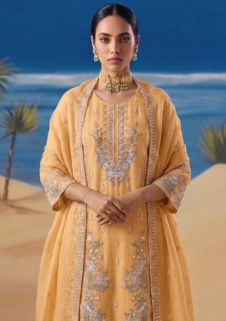 Yellow Embroidery Silk Salwar Kameez - Indya