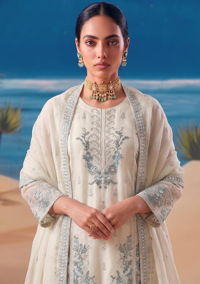 White Embroidery Silk Salwar Kameez - Indya