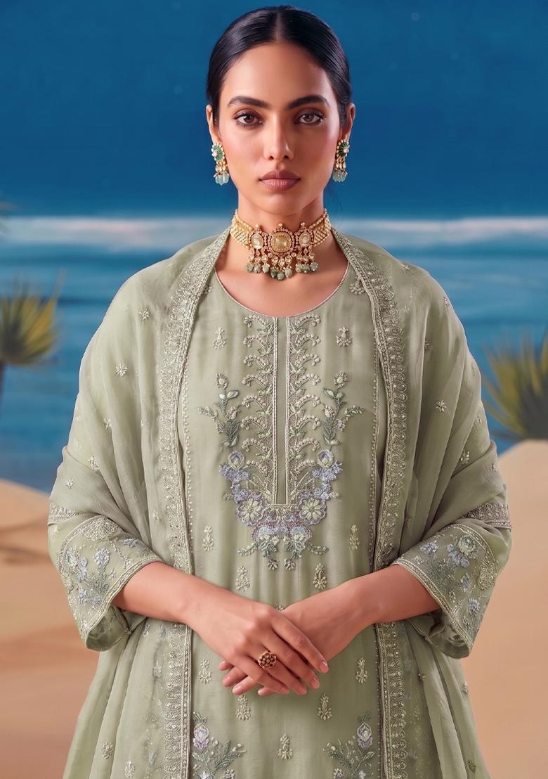 Green Embroidery Silk Salwar Kameez - Indya