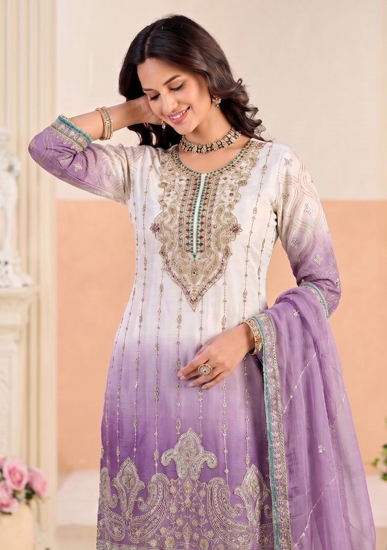 Purple Embroidery Silk Salwar Kameez - Indya