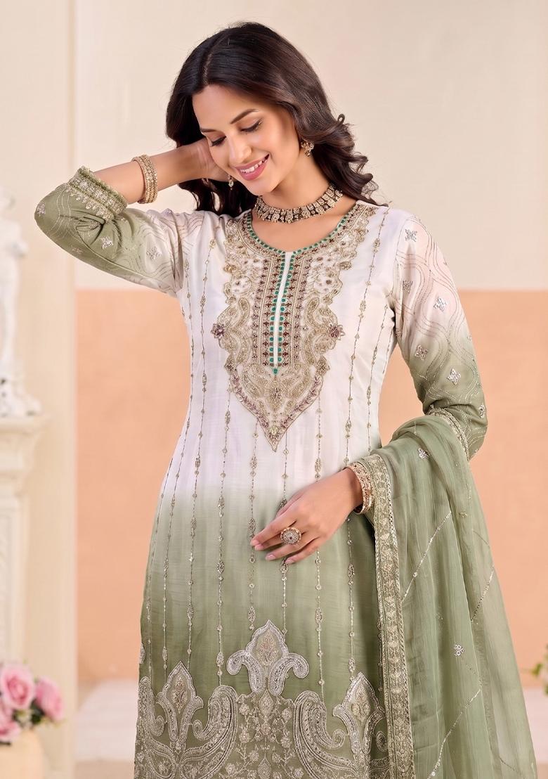 Green Embroidery Silk Salwar Kameez - Indya