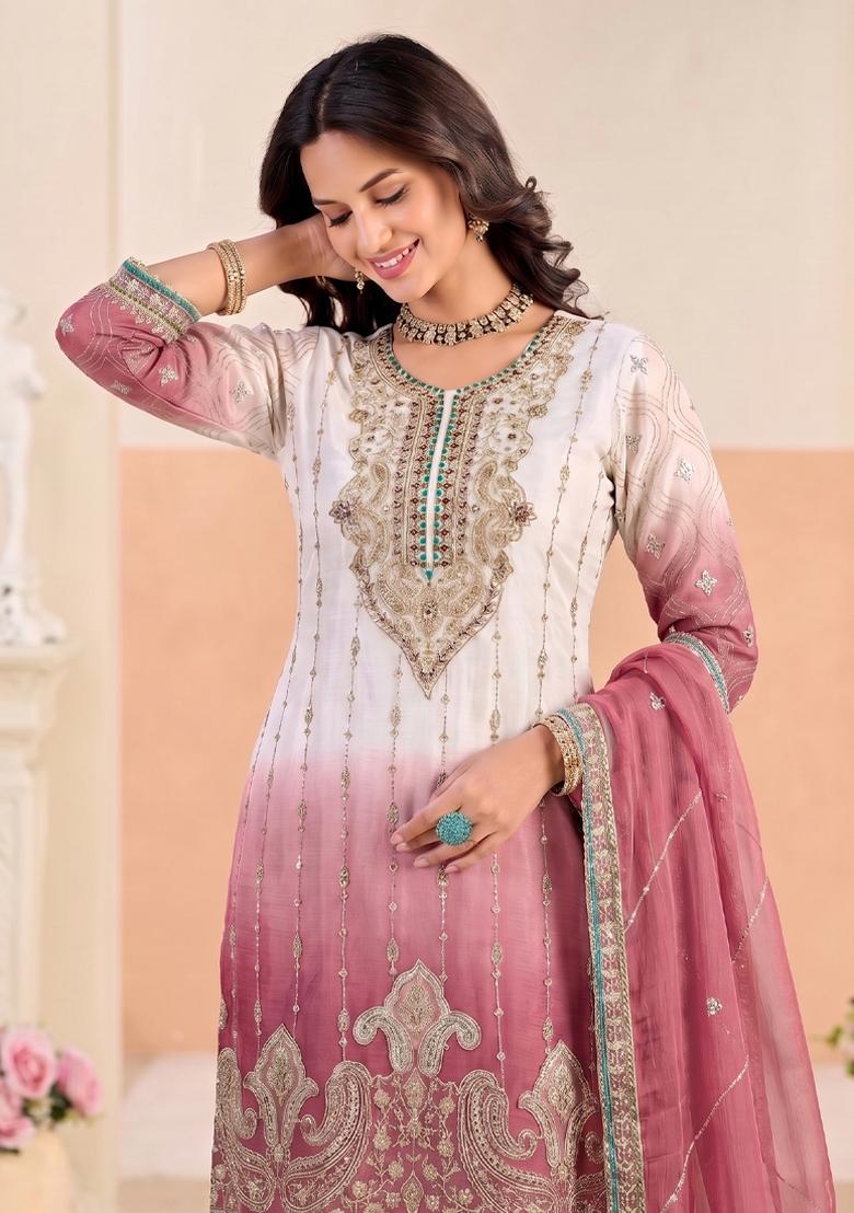 Pink Embroidery Silk Salwar Kameez - Indya