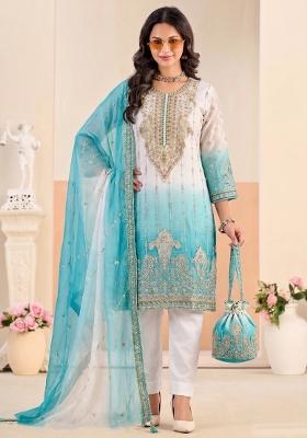 Sky Blue Embroidery Silk Salwar Kameez