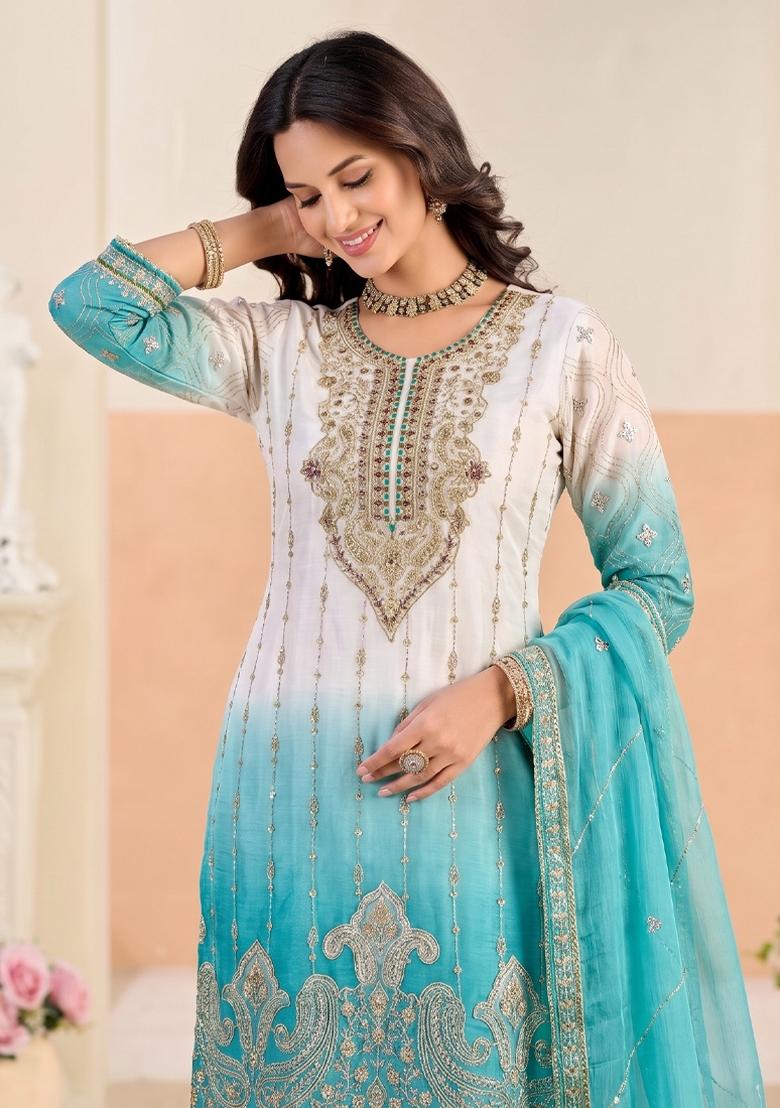 Sky Blue Embroidery Silk Salwar Kameez - Indya