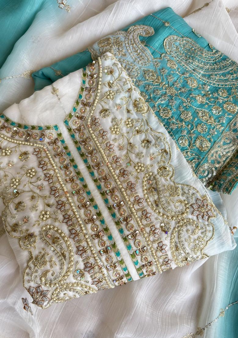 Sky Blue Embroidery Silk Salwar Kameez - Indya