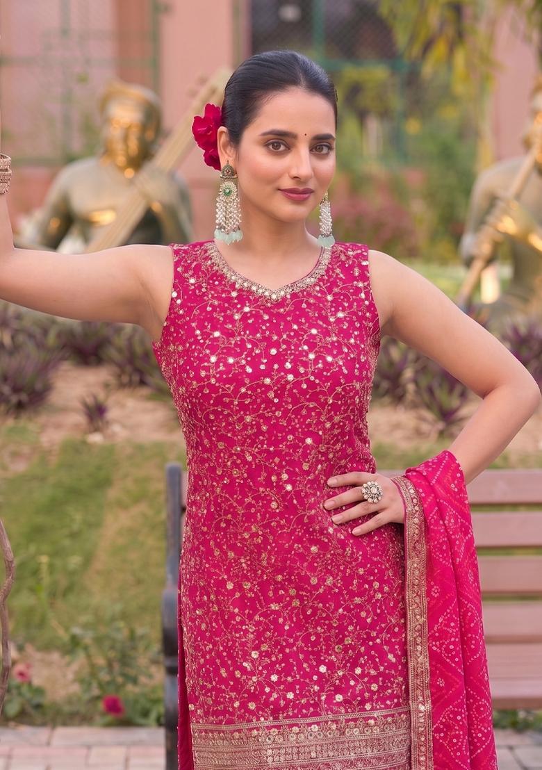 Pink Embroidery Georgette Salwar Kameez - Indya