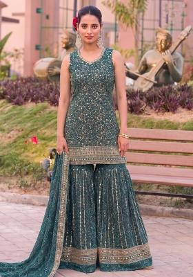Teal Blue Embroidery Georgette Salwar Kameez