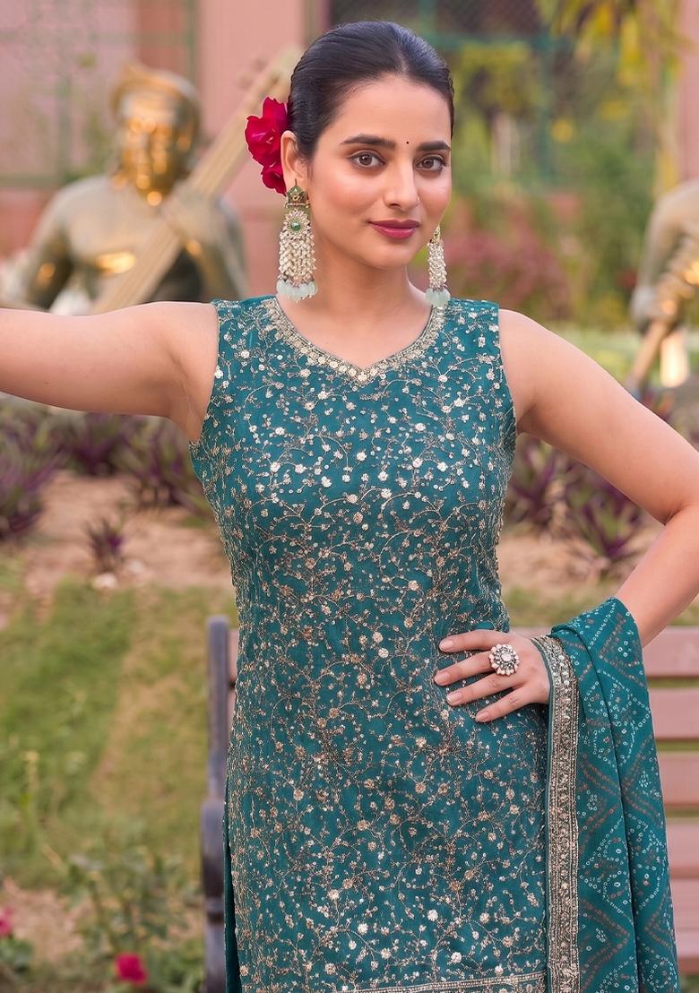 Teal Blue Embroidery Georgette Salwar Kameez - Indya