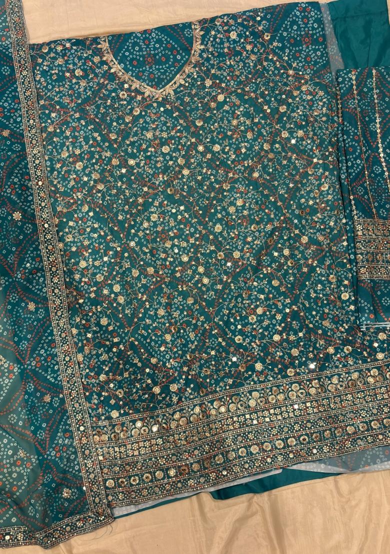 Teal Blue Embroidery Georgette Salwar Kameez - Indya