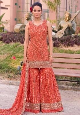 Orange Embroidery Georgette Salwar Kameez
