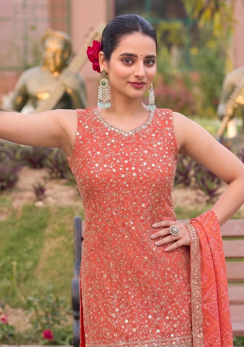 Orange Embroidery Georgette Salwar Kameez - Indya