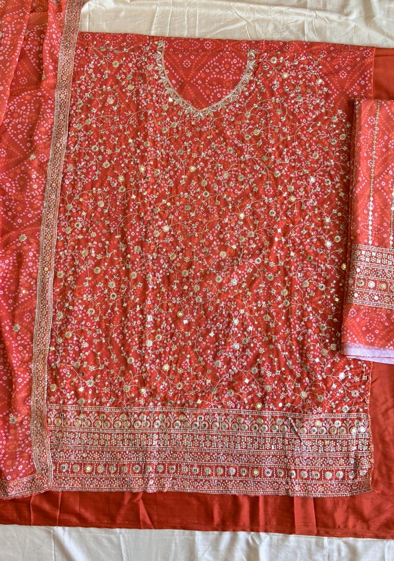 Orange Embroidery Georgette Salwar Kameez - Indya