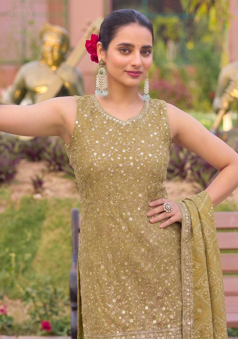 Mustard Embroidery Georgette Salwar Kameez - Indya