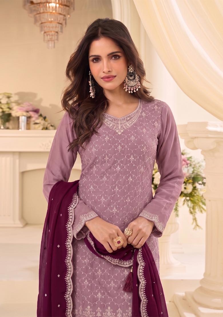 Pink Embroidery Chinon Salwar Kameez - Indya
