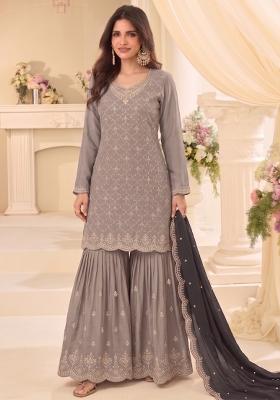 Beige Embroidery Chinon Salwar Kameez