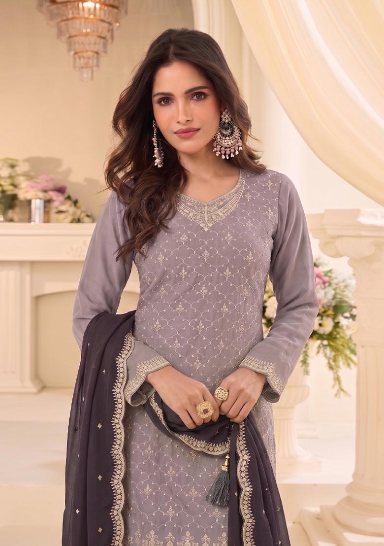 Beige Embroidery Chinon Salwar Kameez - Indya