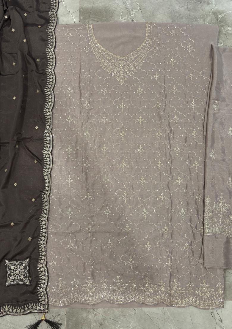 Beige Embroidery Chinon Salwar Kameez - Indya