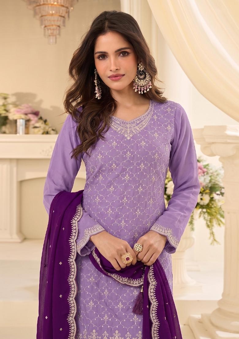 Lilac Embroidery Chinon Salwar Kameez - Indya