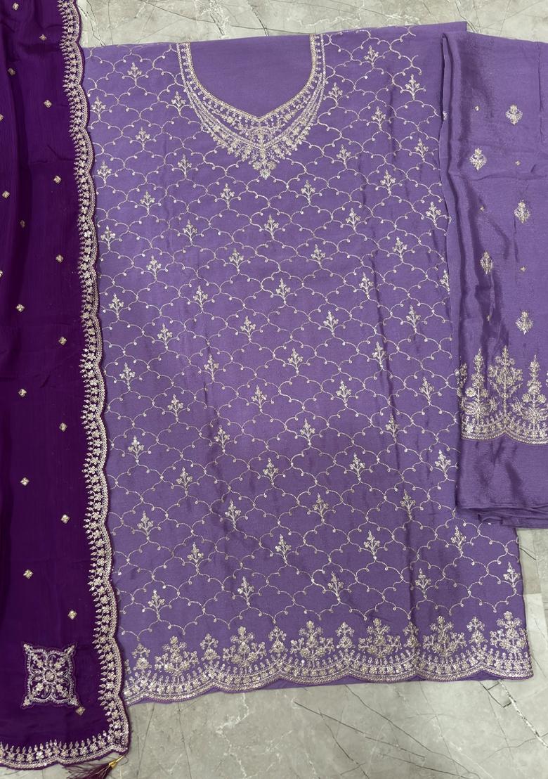 Lilac Embroidery Chinon Salwar Kameez - Indya