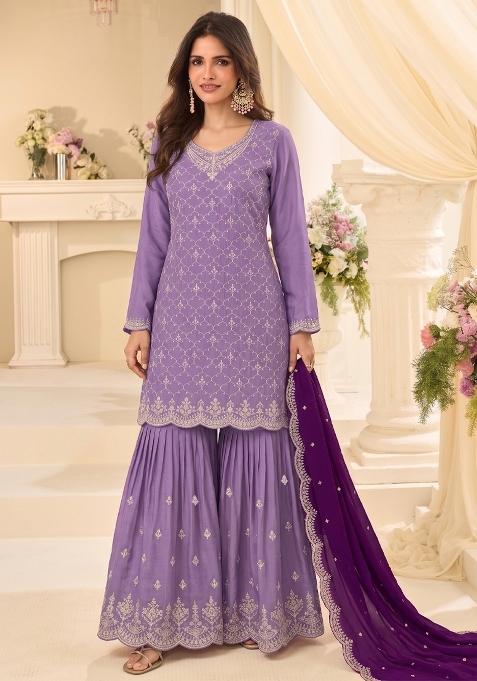 Lilac Embroidery Chinon Salwar Kameez