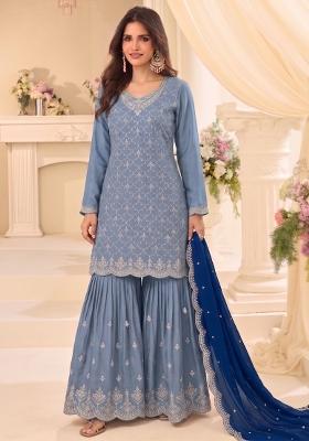 Baby Blue Embroidery Chinon Salwar Kameez