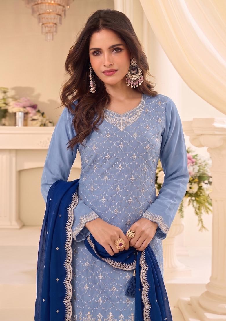 Baby Blue Embroidery Chinon Salwar Kameez - Indya