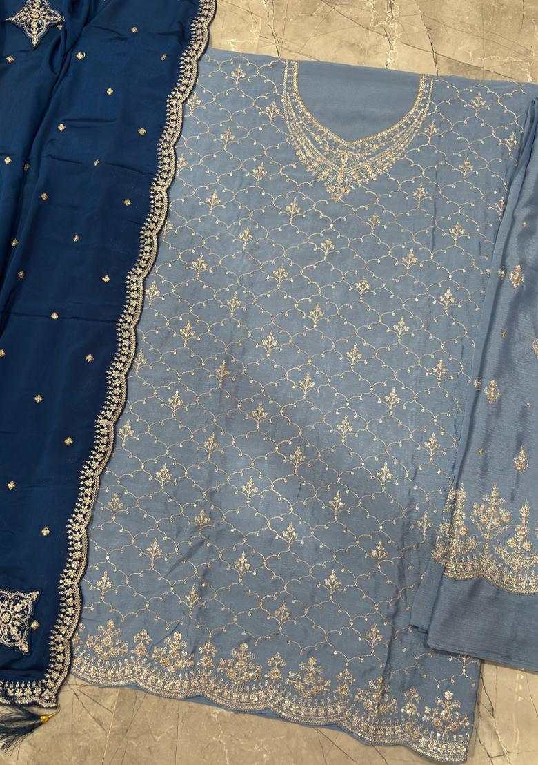 Baby Blue Embroidery Chinon Salwar Kameez - Indya
