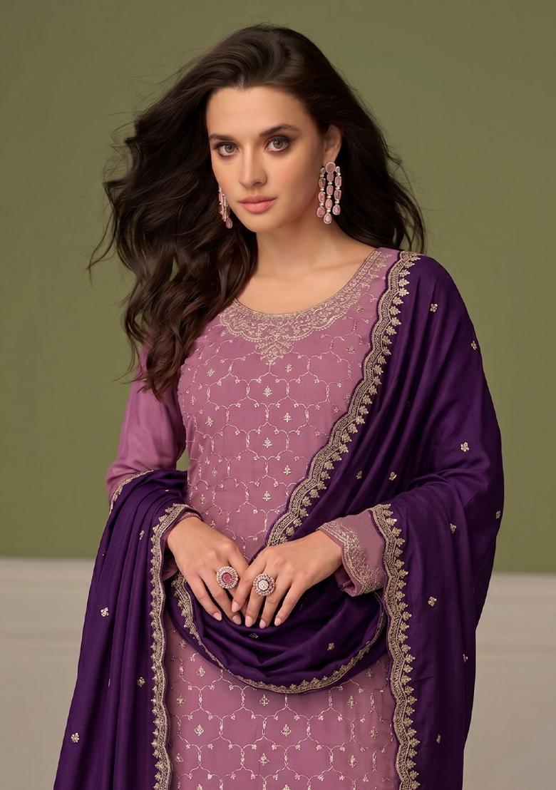 Lilac Embroidery Chinon Salwar Kameez - Indya