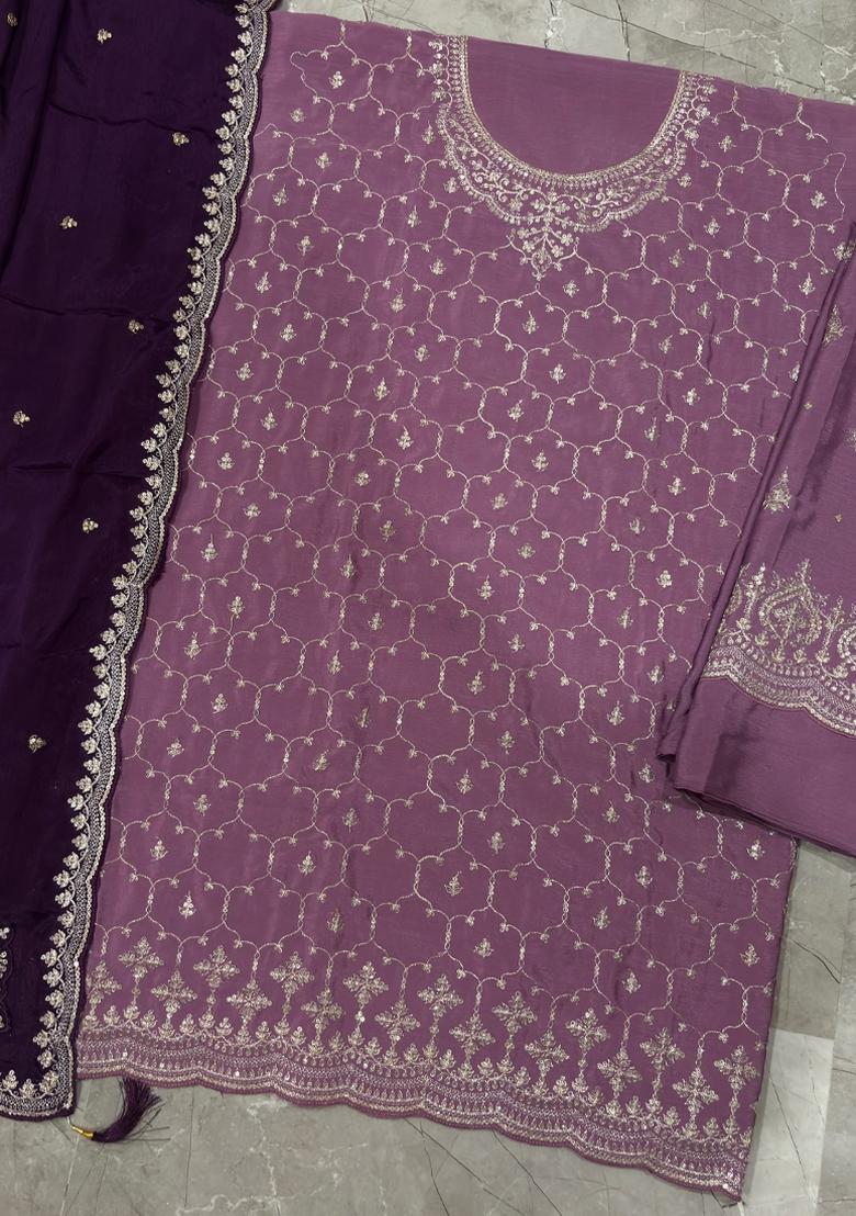 Lilac Embroidery Chinon Salwar Kameez - Indya